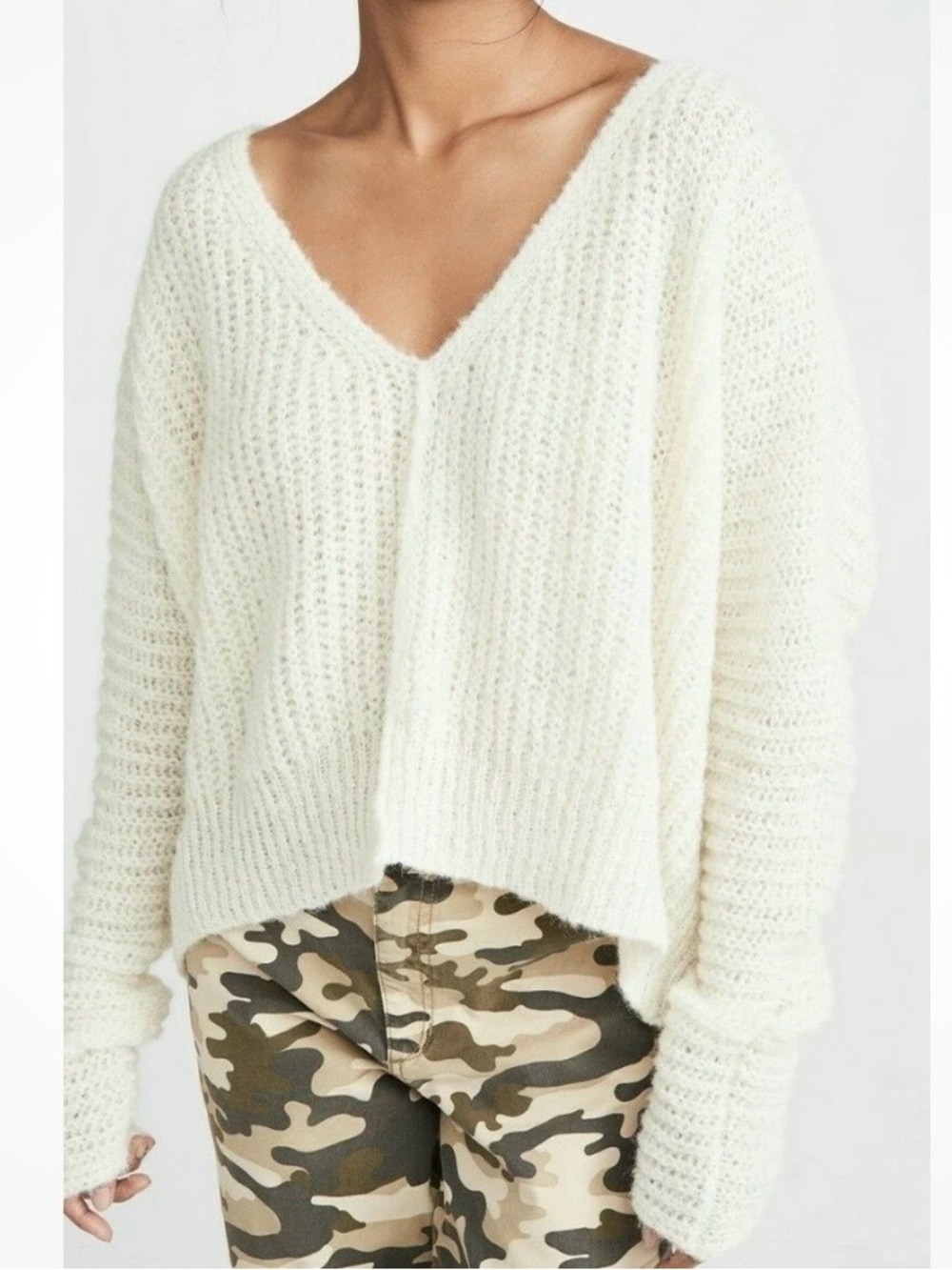 Free People Cream V-Neck Open Knit Sweater